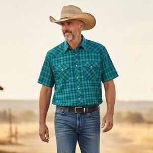 Wrangler Pearl Snap Western Shirt Mens XL Blue Plaid‎ Short Sleeve Y2K Cowboy
